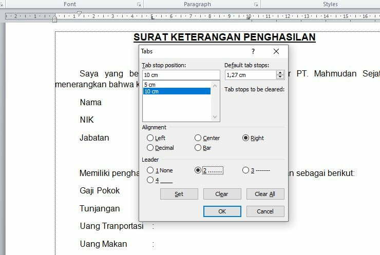 Mengatur tab stop