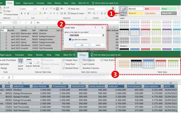 membuat tabel di excel dengan format as table