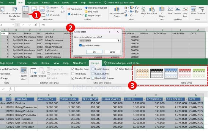 membuat tabel di excel dengan insert table