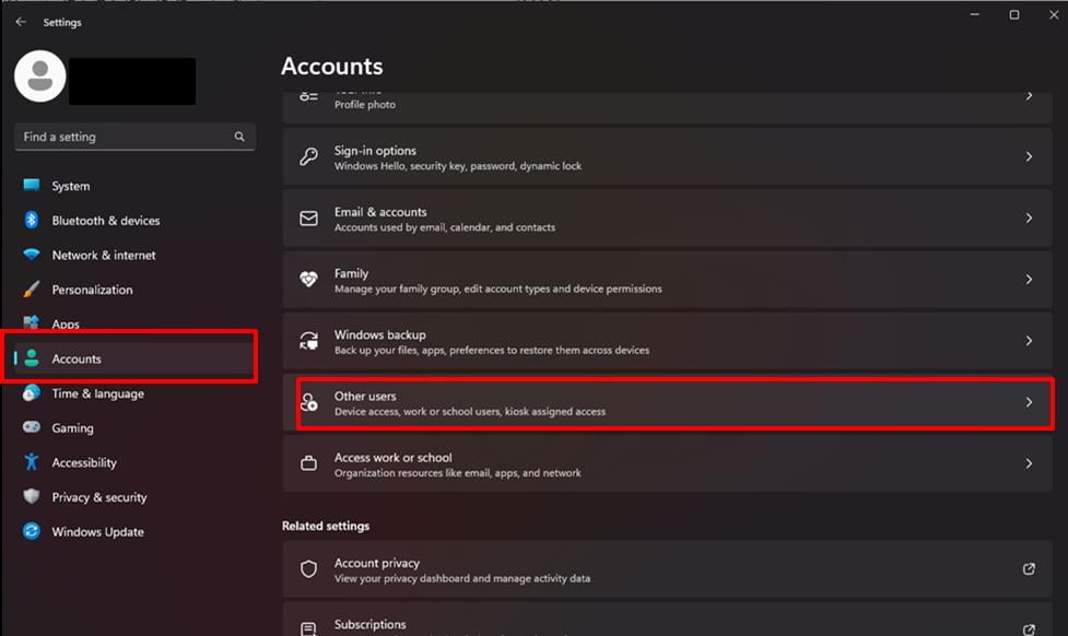 membuka menu Account Windows-11