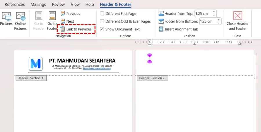 membuat kop surat pada halaman pertama saja