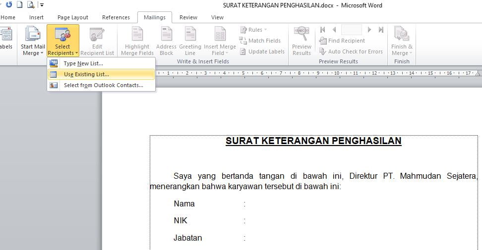 menghubungkan mail merge word dengan  excel