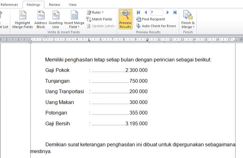 tampilan data mail merge sesuai format