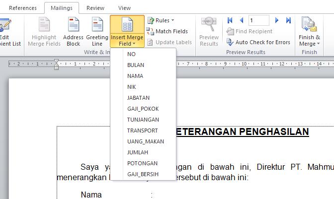 tampilan Merge Field