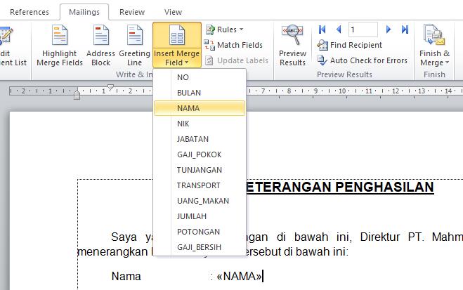 memasukkan bidang Merge Field