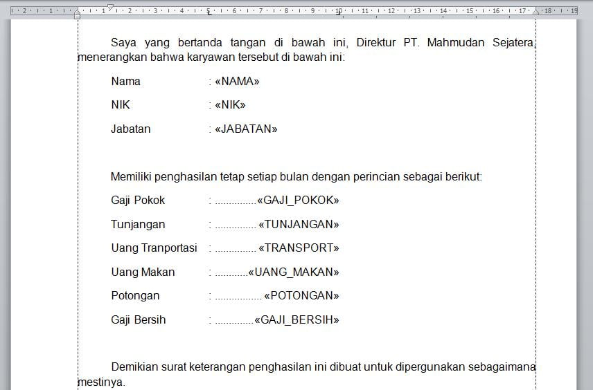 tampilan Merge Field di word