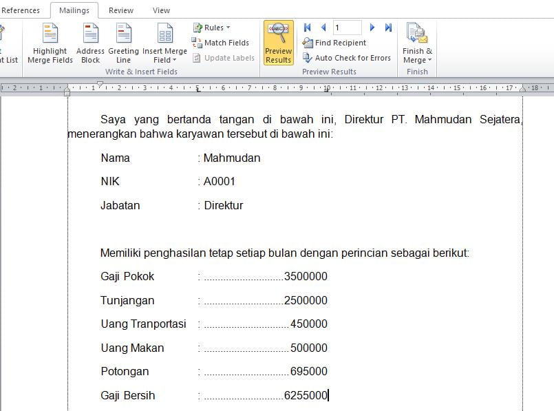 menampilkan data Mail Merge di Word