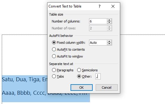 kotak dialog convert tetx to table