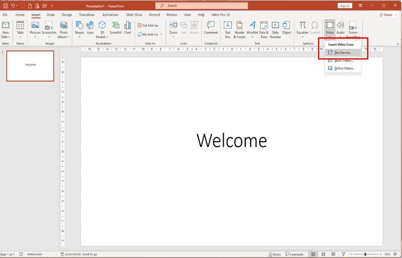 menu insert video di powerpoint 2019