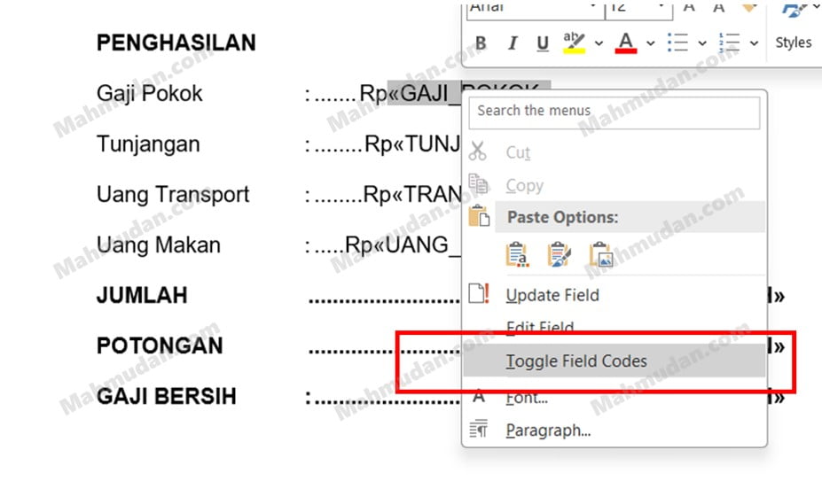 toggle field code menu