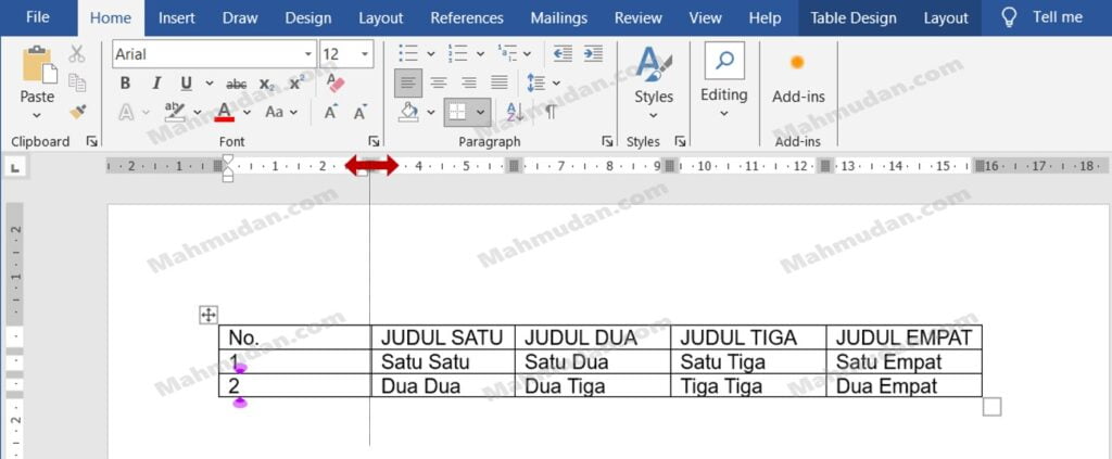 mengbah ukuran kolom tabel di word