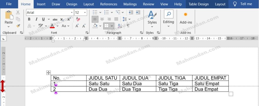 mengubah tinggi baris tabel di word