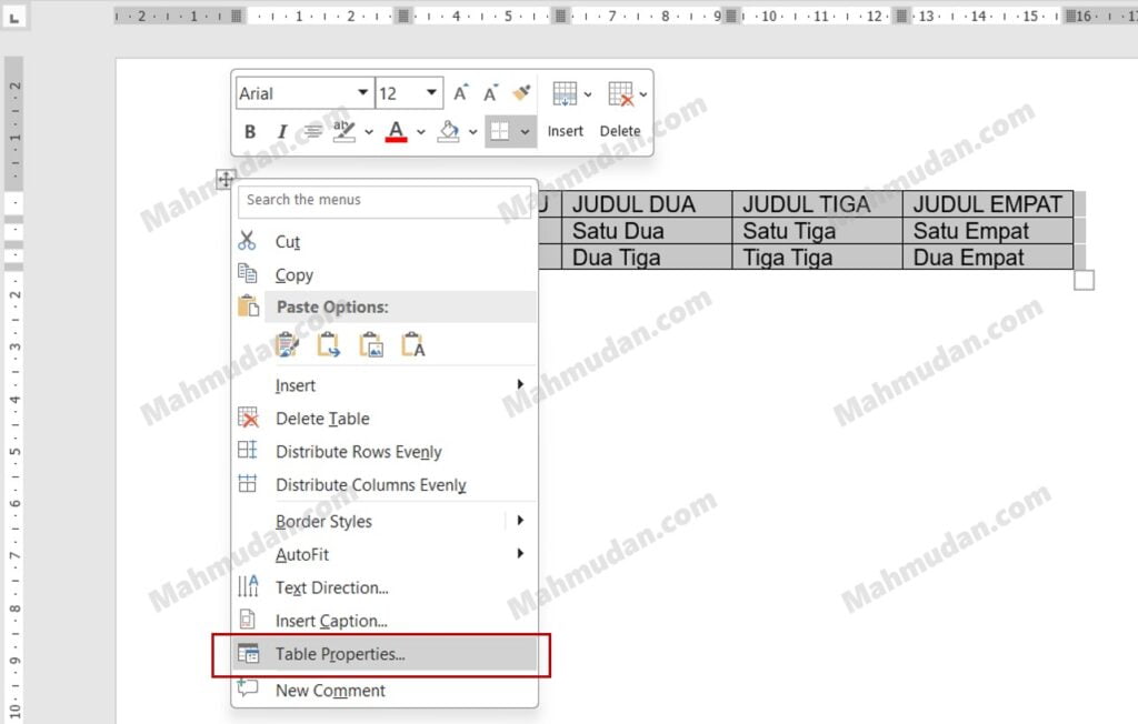 membuka Table Properties