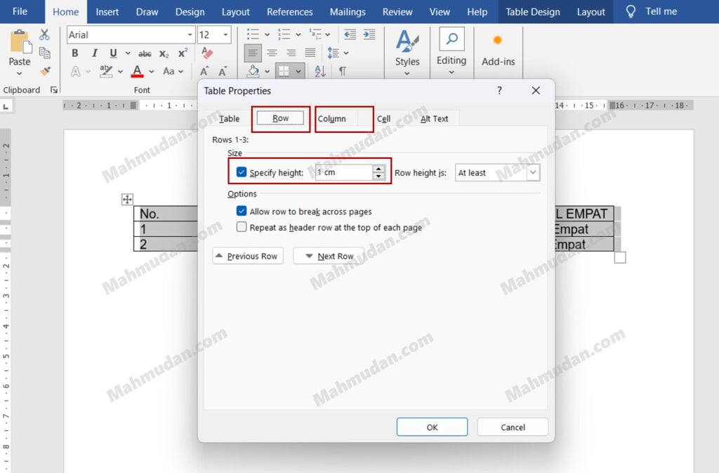 ubah ukuran baris atau kolom pada Table Properties