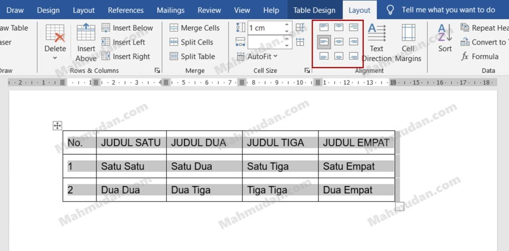 mengubah tata leak teks dalam tabel