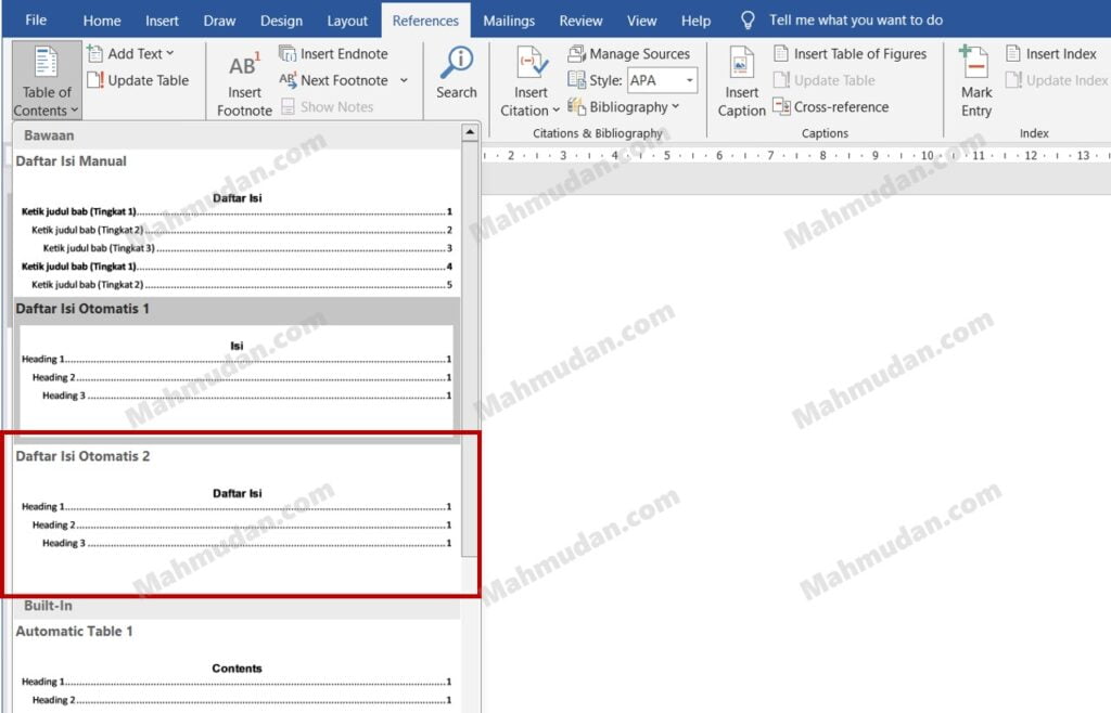memilih daftar isi otomatis 2