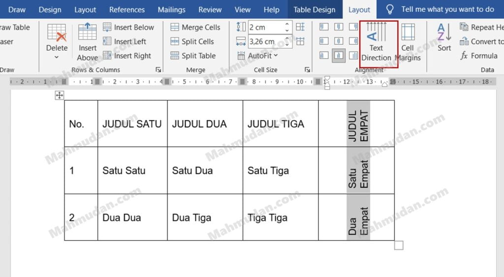 6. Ubah arah teks dalam tabel