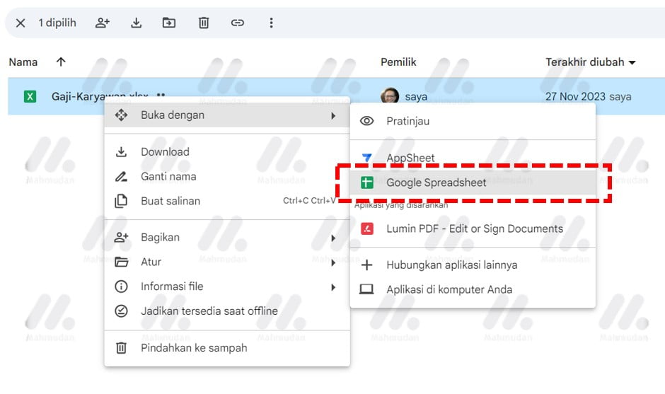 buka file excel dengan google spreadsheet