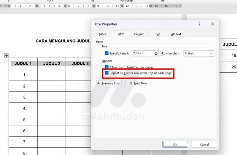 mengulang judul tabel di Word