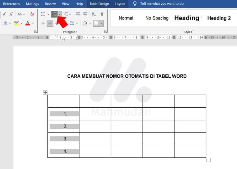 nomor otomatis di tabel Word