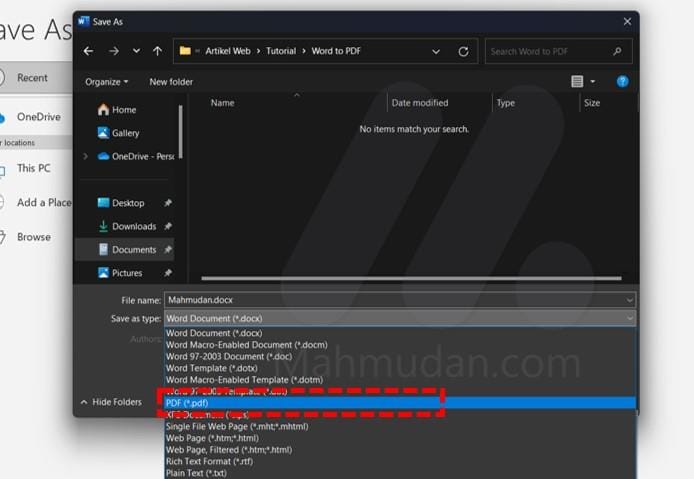 ubah Word ke PDF dengan opsi Save As