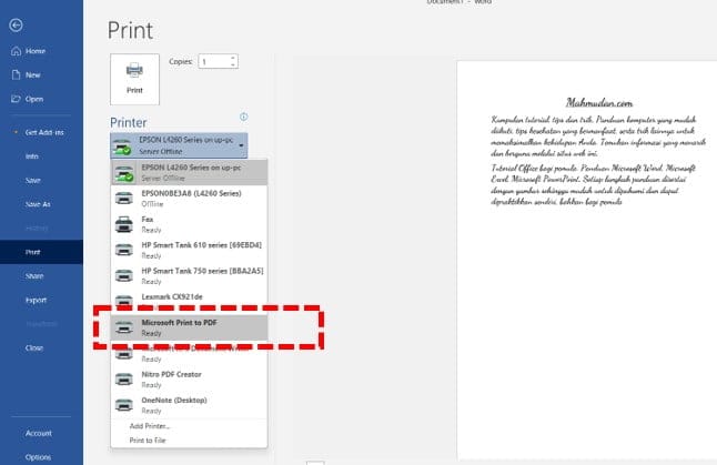 memilih opsi Microsoft Print to PDF