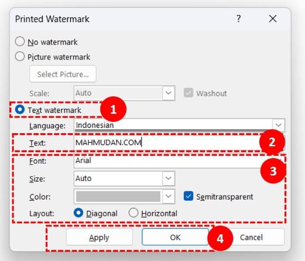 watermark dokumen word dengan teks khusus