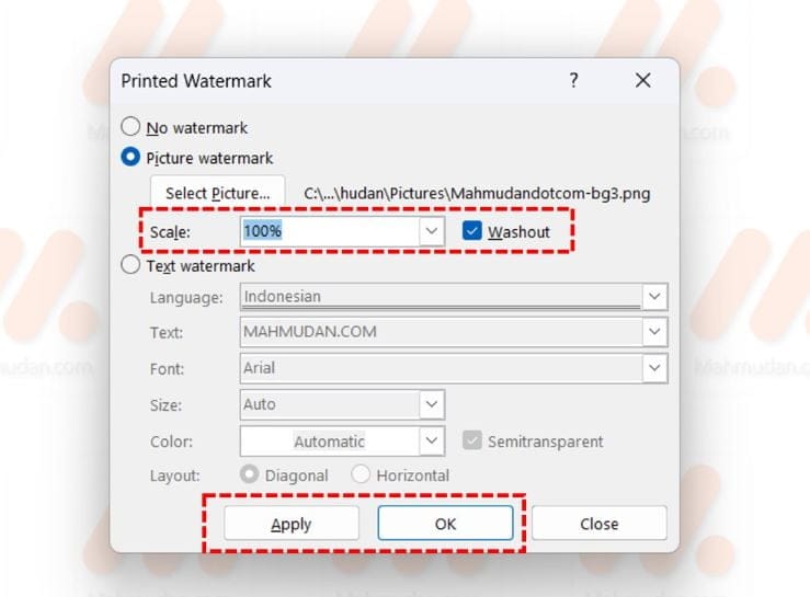 mengatur skala gambar watermark di word