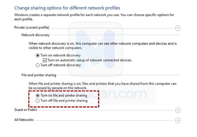 turn on file and printer sharing