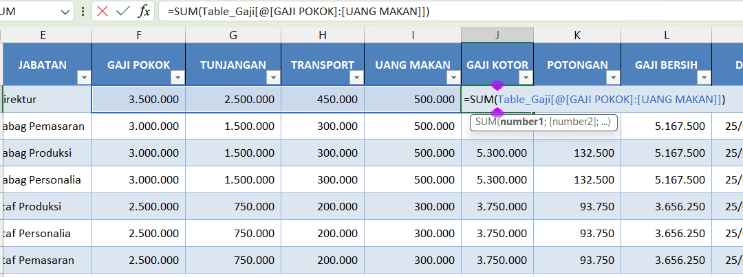 rumus Excel menggunakan fungsi SUM dalam tabel