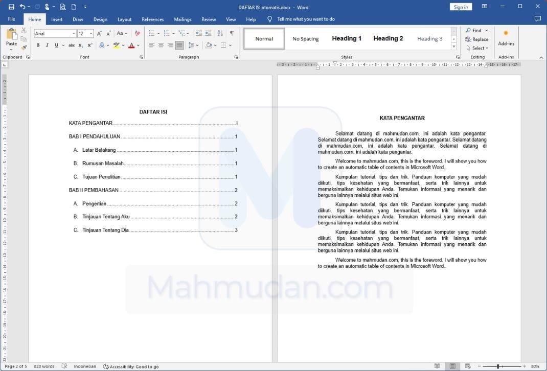 Contoh Daftar Isi Otomatis di Word – Download Gratis